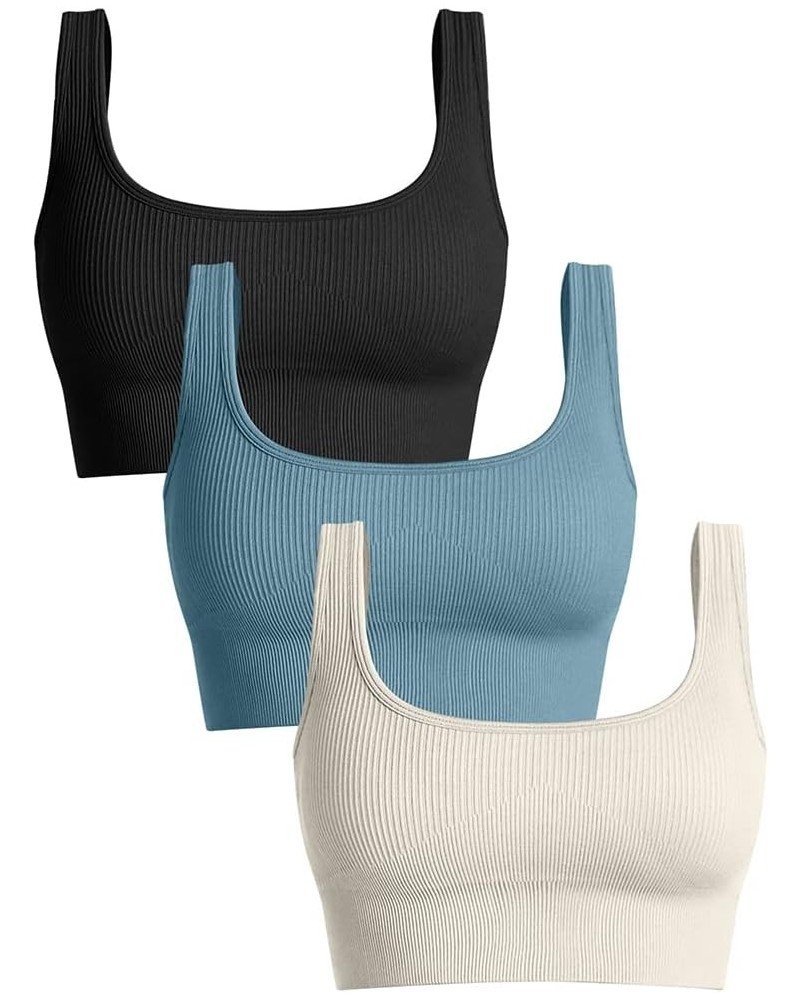 Women's 3 Piece Medium Support Tank Top Ribbed Seamless Removable Cups Workout Exercise Sport Bra Black Blue Beige $22.39 Lin...