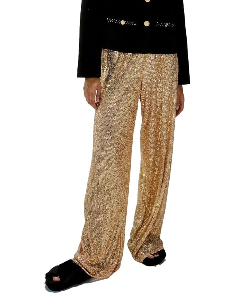 Women Sequin Flare Long Pants Glitter Wide Leg Bell Bottom Palazzo Trousers Y2k Sparkly Disco Party Wear A Gold $12.75 Pants