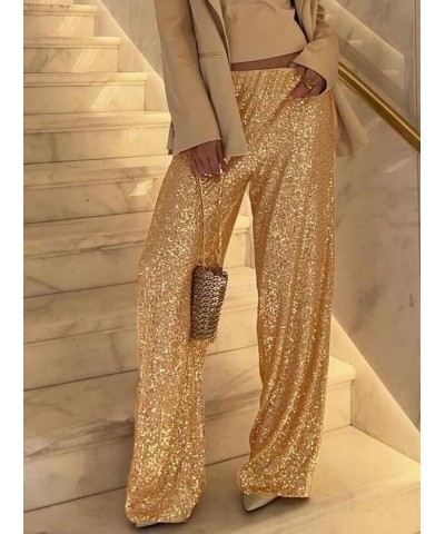 Women Sequin Flare Long Pants Glitter Wide Leg Bell Bottom Palazzo Trousers Y2k Sparkly Disco Party Wear A Gold $12.75 Pants