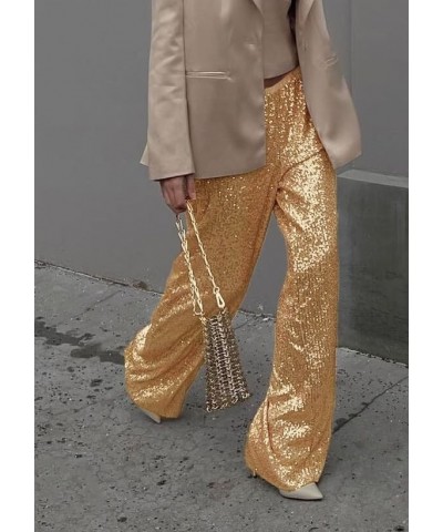 Women Sequin Flare Long Pants Glitter Wide Leg Bell Bottom Palazzo Trousers Y2k Sparkly Disco Party Wear A Gold $12.75 Pants