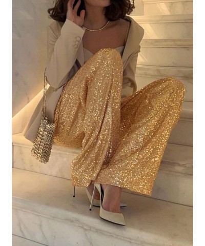 Women Sequin Flare Long Pants Glitter Wide Leg Bell Bottom Palazzo Trousers Y2k Sparkly Disco Party Wear A Gold $12.75 Pants