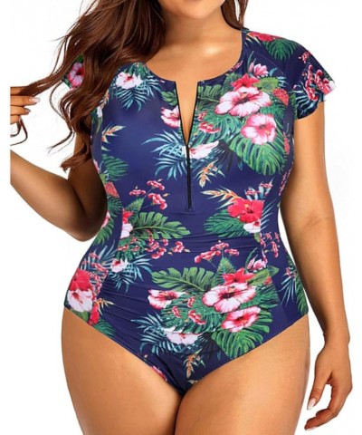 Plus Size One Piece Swimsuit for Women Tummy Control Cap Sleeves Bathing Suits Zipper Front Rash Guard Swimwear Blue Floral $...