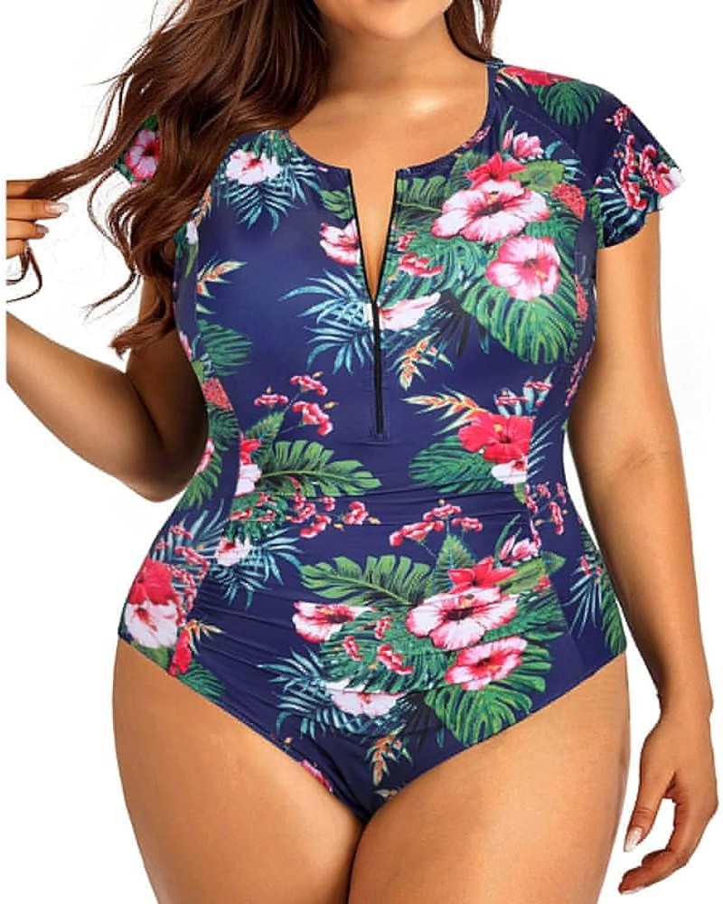 Plus Size One Piece Swimsuit for Women Tummy Control Cap Sleeves Bathing Suits Zipper Front Rash Guard Swimwear Blue Floral $...