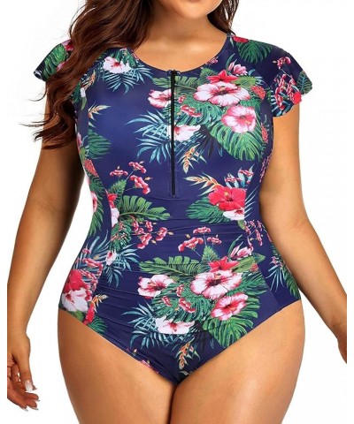 Plus Size One Piece Swimsuit for Women Tummy Control Cap Sleeves Bathing Suits Zipper Front Rash Guard Swimwear Blue Floral $...