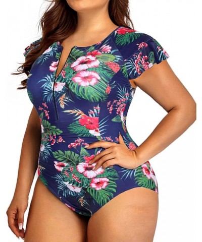 Plus Size One Piece Swimsuit for Women Tummy Control Cap Sleeves Bathing Suits Zipper Front Rash Guard Swimwear Blue Floral $...