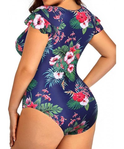 Plus Size One Piece Swimsuit for Women Tummy Control Cap Sleeves Bathing Suits Zipper Front Rash Guard Swimwear Blue Floral $...