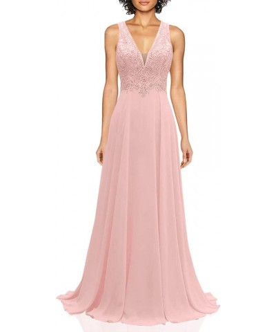 Lace Appliques Chiffon Bridesmaid Dresses Long V Neck A Line Formal Dress Evening Gown for Women Blush Pink $42.00 Dresses