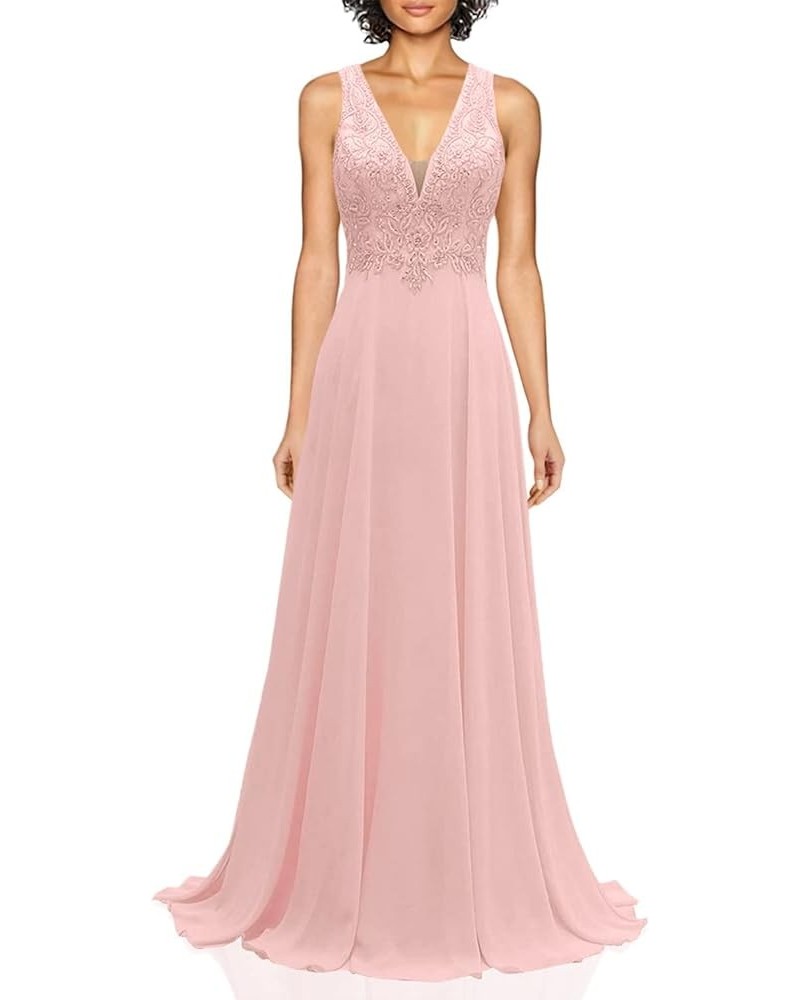 Lace Appliques Chiffon Bridesmaid Dresses Long V Neck A Line Formal Dress Evening Gown for Women Blush Pink $42.00 Dresses