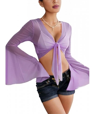 Rave Bell Mesh Crop Top for Women - 70s Long Sleeve Tie Front Sheer Shirt Ruffle Fairycore Blouse Festival Outfits Purple $10...