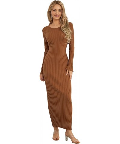 Women's Long Sleeve Bodycon Sweater Dress Solid Color Elegant Ribbed Knit Fall Midi Dresses Streetwear Clubwear Reddish Coffe...