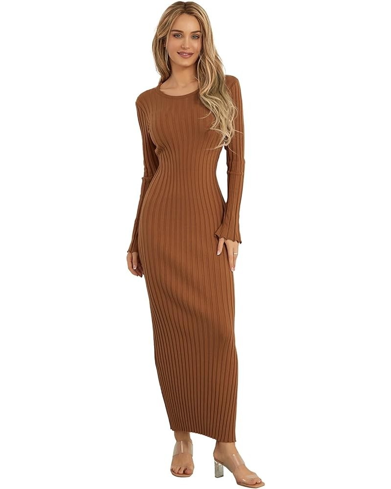 Women's Long Sleeve Bodycon Sweater Dress Solid Color Elegant Ribbed Knit Fall Midi Dresses Streetwear Clubwear Reddish Coffe...