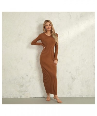 Women's Long Sleeve Bodycon Sweater Dress Solid Color Elegant Ribbed Knit Fall Midi Dresses Streetwear Clubwear Reddish Coffe...