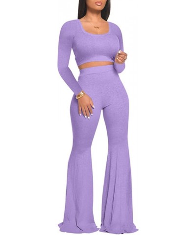 Women's 2 Piece Outfits Sets Knit Ribbed Wide Leg pants Short Sleeve Casual Crop Top Wide Leg Pants Track Suit Light Purple $...