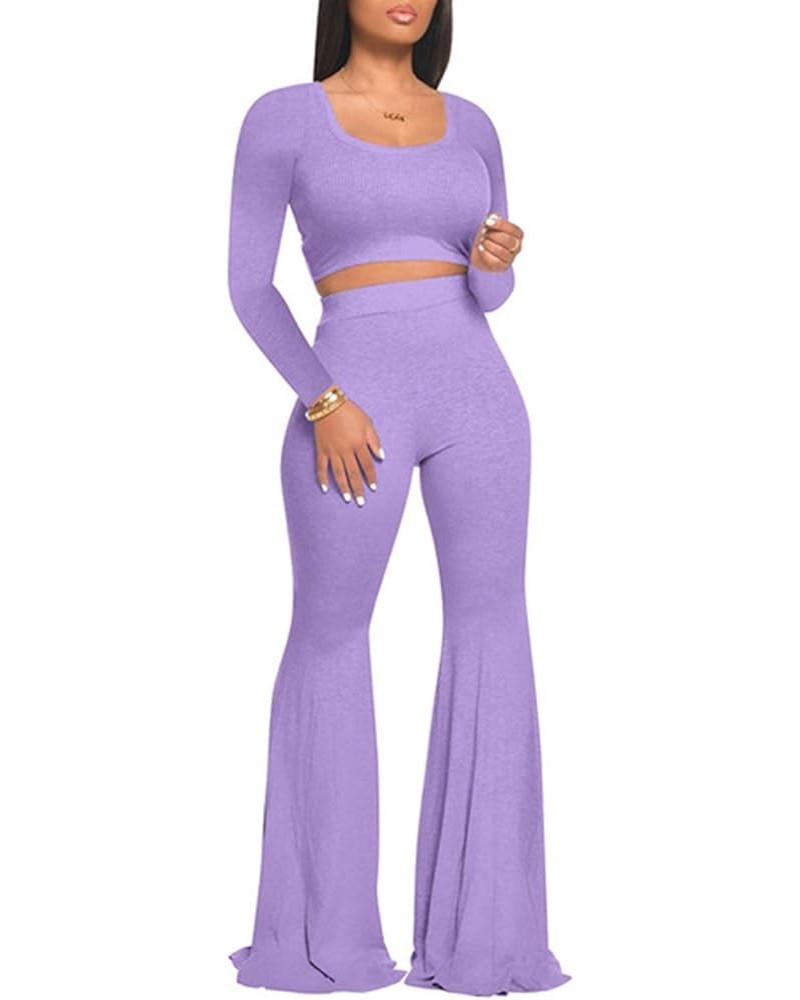 Women's 2 Piece Outfits Sets Knit Ribbed Wide Leg pants Short Sleeve Casual Crop Top Wide Leg Pants Track Suit Light Purple $...