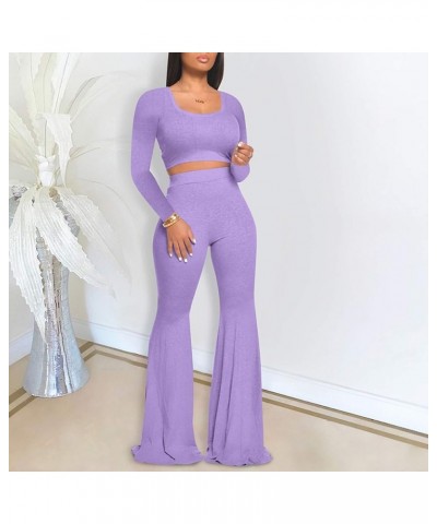 Women's 2 Piece Outfits Sets Knit Ribbed Wide Leg pants Short Sleeve Casual Crop Top Wide Leg Pants Track Suit Light Purple $...