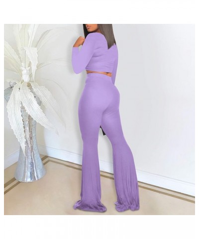 Women's 2 Piece Outfits Sets Knit Ribbed Wide Leg pants Short Sleeve Casual Crop Top Wide Leg Pants Track Suit Light Purple $...