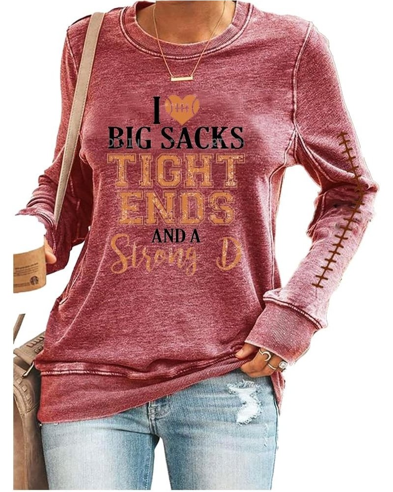 I Love Big Sacks Tight Ends and Big D Football Funny Shirt Casual Crewneck Tops Pink $14.23 T-Shirts