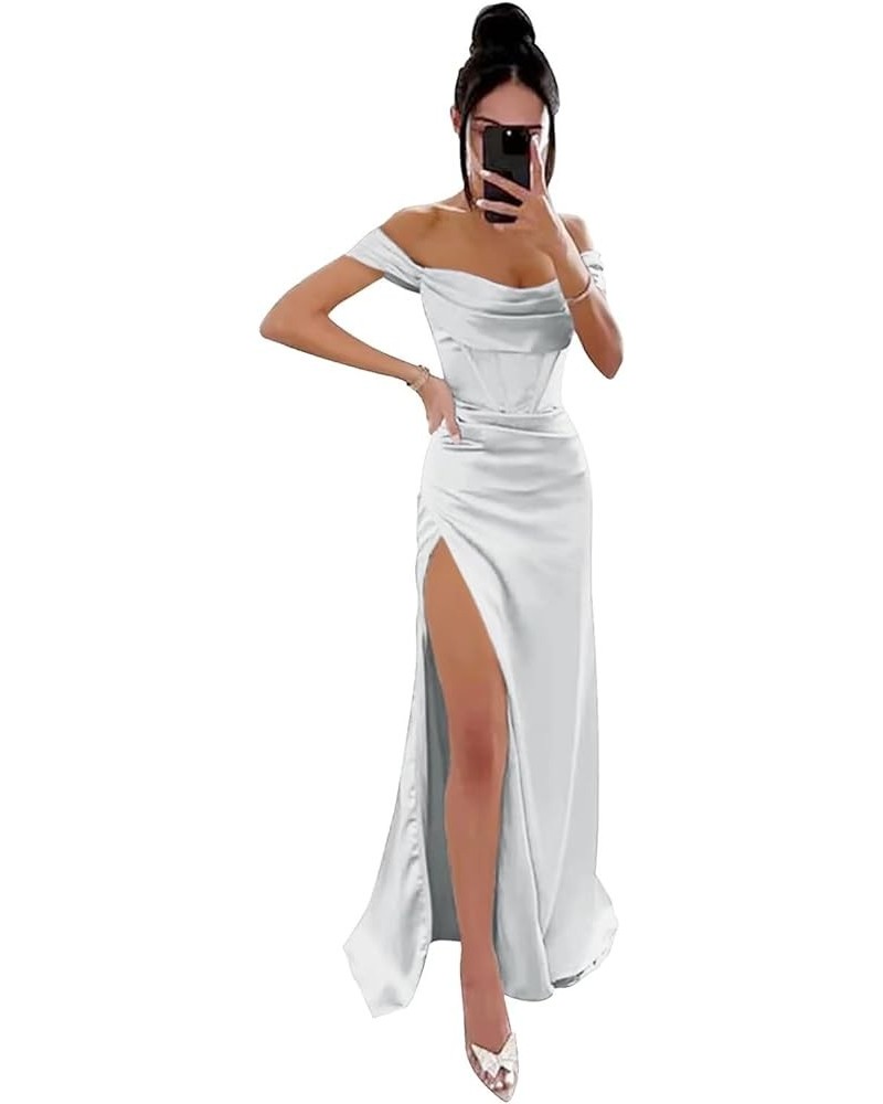 Prom Dresses Long Off Shoulder Cowl Neck High Slit Formal Party Gowns Silver $29.50 Dresses