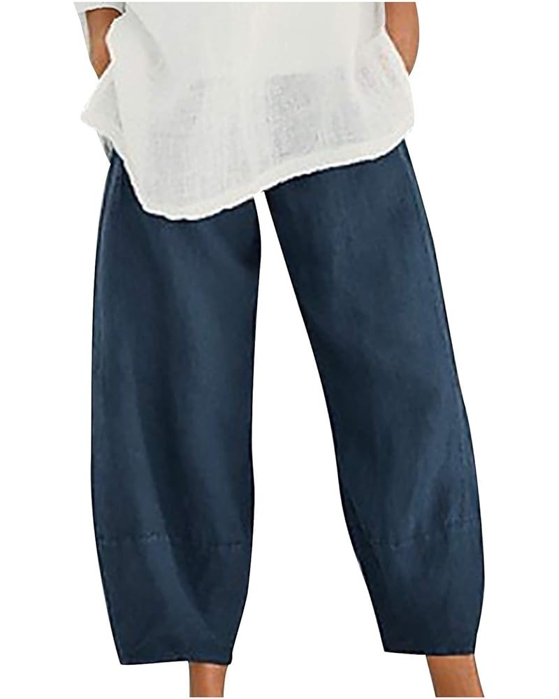 Womens Solid Linen Pants Summer Casual Capri Pants Cropped Tapered Lightweight Pants Travel Beach Outfits with Pocket Navy $4...