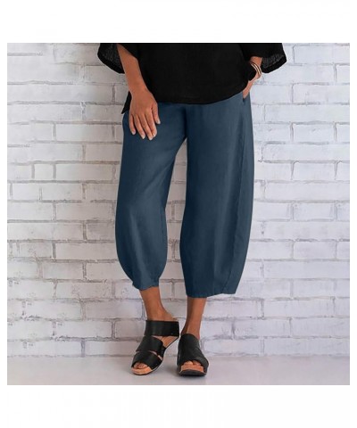 Womens Solid Linen Pants Summer Casual Capri Pants Cropped Tapered Lightweight Pants Travel Beach Outfits with Pocket Navy $4...