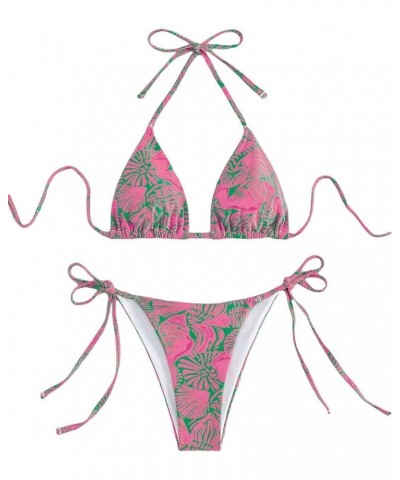 Women's High Waisted Bathing Suit Allover Floral Print Triangle Halter Swimsuit Bikini Set 2 Piece Dark Pink $13.34 Swimsuits