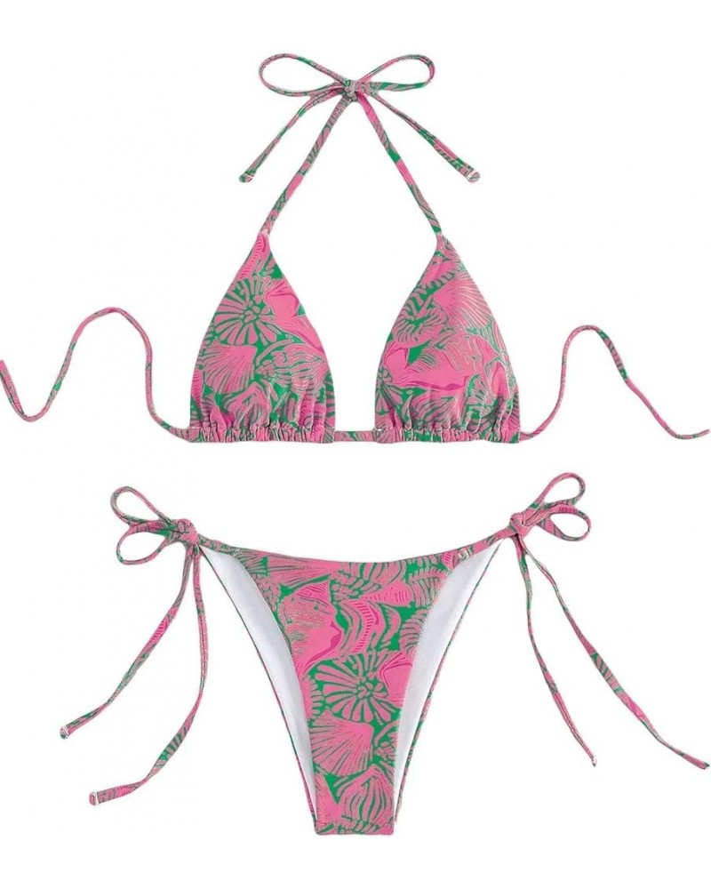 Women's High Waisted Bathing Suit Allover Floral Print Triangle Halter Swimsuit Bikini Set 2 Piece Dark Pink $13.34 Swimsuits