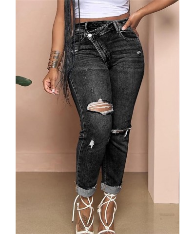 Womens Ripped Jeans Y2K High Waisted Stretch Jeans Boyfriend Distressed Skinny Denim Pants Streetwear Black $17.84 Jeans