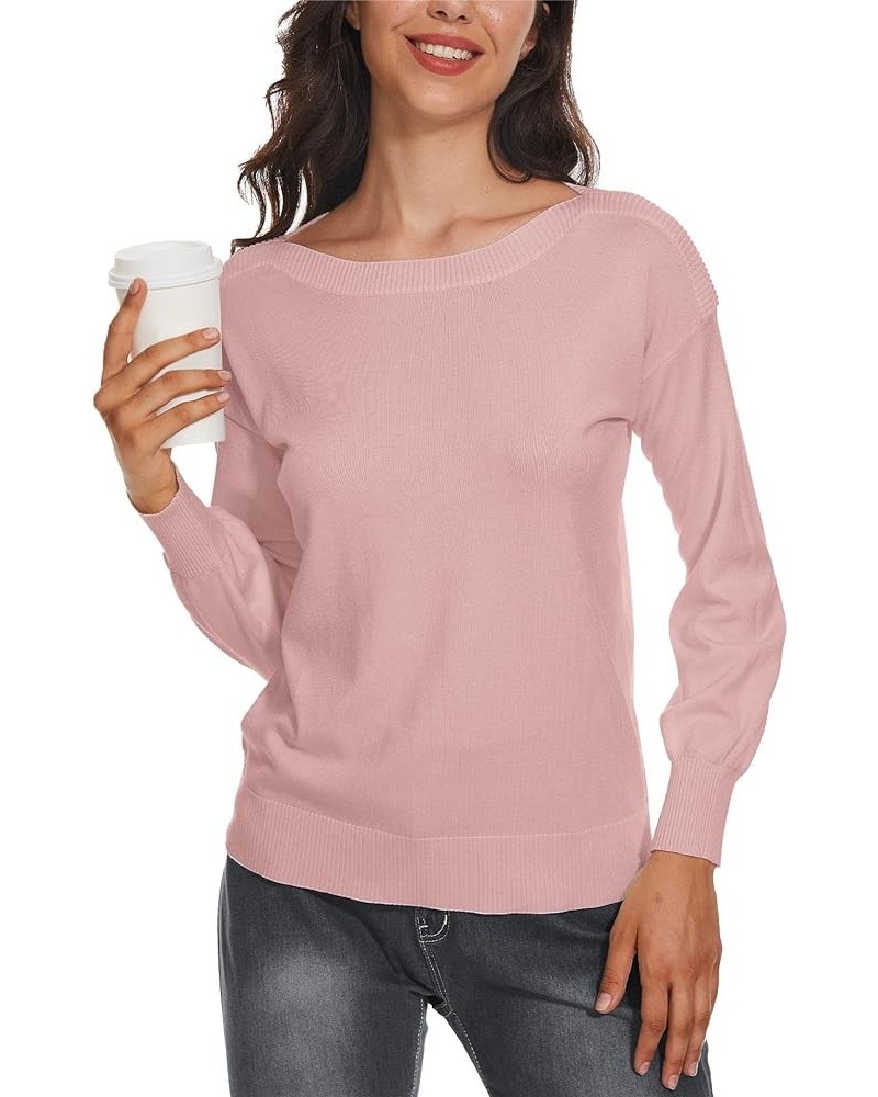 Women's Boat Neck Long Sleeve Sweaters Casual Lightweight Knit Pullover Tops Fall Winter Trendy Pink $19.00 Sweaters