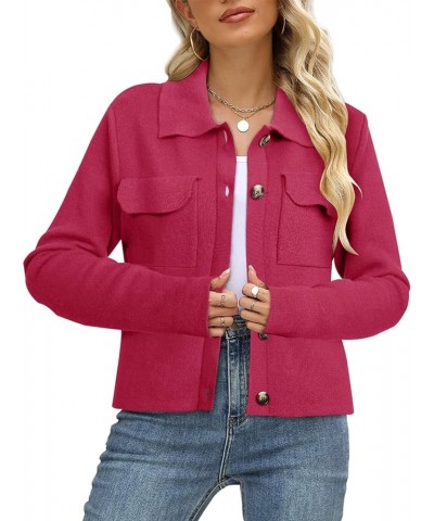 Women Long Sleeve Sweater Cardigan Collared Button Up Open Front Cropped Knit Jackets with Pockets Rose Red $22.39 Sweaters