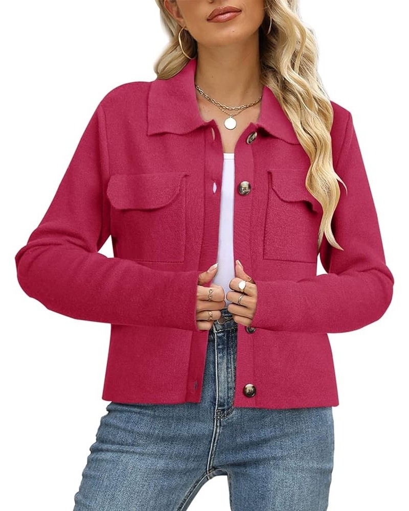 Women Long Sleeve Sweater Cardigan Collared Button Up Open Front Cropped Knit Jackets with Pockets Rose Red $22.39 Sweaters