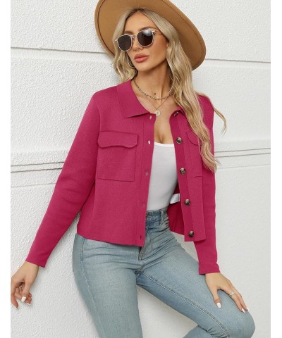 Women Long Sleeve Sweater Cardigan Collared Button Up Open Front Cropped Knit Jackets with Pockets Rose Red $22.39 Sweaters