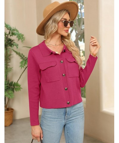 Women Long Sleeve Sweater Cardigan Collared Button Up Open Front Cropped Knit Jackets with Pockets Rose Red $22.39 Sweaters