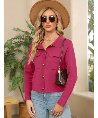 Women Long Sleeve Sweater Cardigan Collared Button Up Open Front Cropped Knit Jackets with Pockets Rose Red $22.39 Sweaters