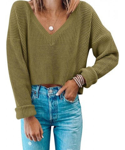 Women's Waffle Knit Cropped Top V Neck Long Sleeve Pullover Sweater Casual Solid Crop Sweatshirts Lightgreen $20.66 Activewear