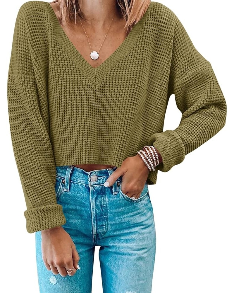 Women's Waffle Knit Cropped Top V Neck Long Sleeve Pullover Sweater Casual Solid Crop Sweatshirts Lightgreen $20.66 Activewear