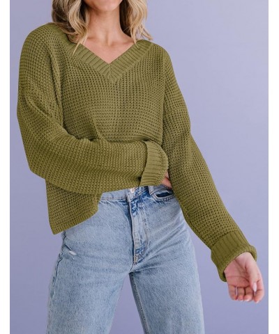 Women's Waffle Knit Cropped Top V Neck Long Sleeve Pullover Sweater Casual Solid Crop Sweatshirts Lightgreen $20.66 Activewear