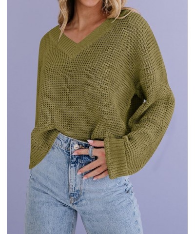 Women's Waffle Knit Cropped Top V Neck Long Sleeve Pullover Sweater Casual Solid Crop Sweatshirts Lightgreen $20.66 Activewear