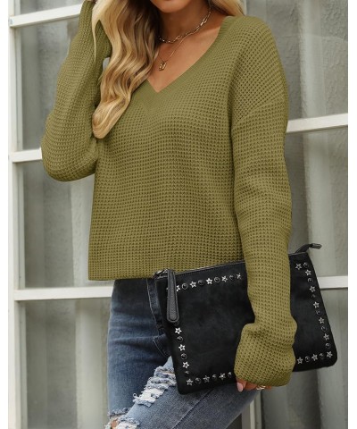 Women's Waffle Knit Cropped Top V Neck Long Sleeve Pullover Sweater Casual Solid Crop Sweatshirts Lightgreen $20.66 Activewear