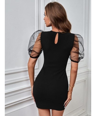 Women's Mesh Short Puff Sleeve Keyhole Button Back Elegant Pencil Mini Dress Black $13.50 Dresses