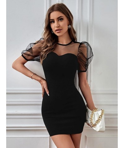 Women's Mesh Short Puff Sleeve Keyhole Button Back Elegant Pencil Mini Dress Black $13.50 Dresses