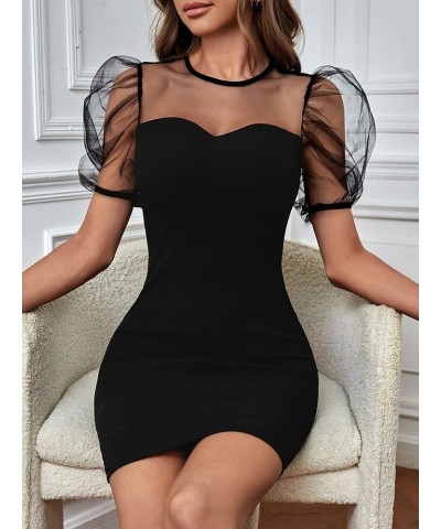 Women's Mesh Short Puff Sleeve Keyhole Button Back Elegant Pencil Mini Dress Black $13.50 Dresses