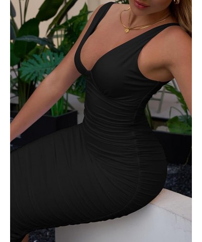 Women's Sexy Ruched Sleeveless Deep V Elegant Cocktail Evening Party Maxi Dress Black $17.97 Dresses