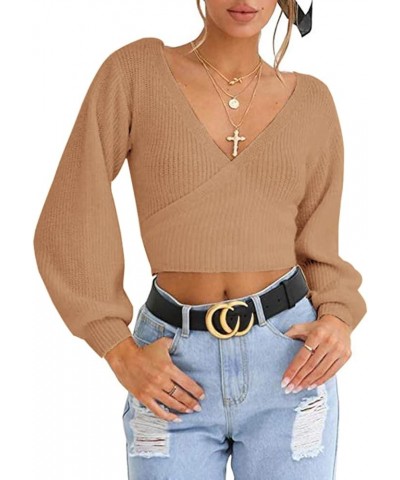 Women's Knitted Crop Deep V-Neck Long Sleeve Pullover Cross Wrap Front Loose Pullover Sweater Camel $17.22 Sweaters