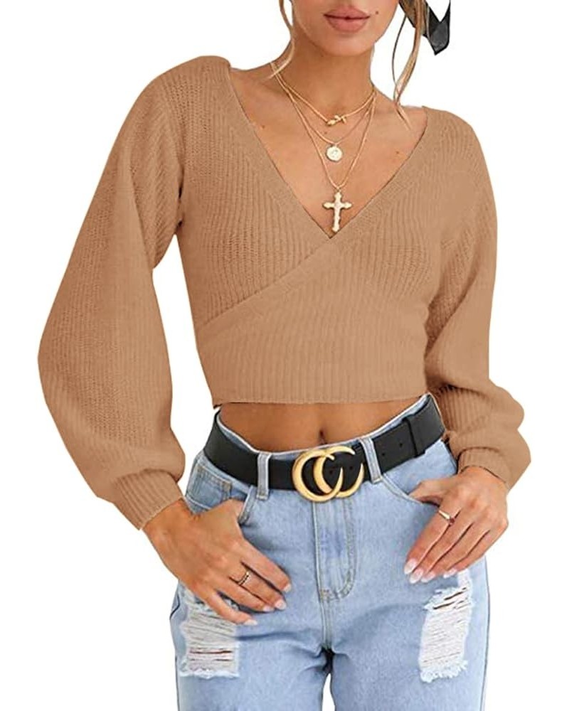 Women's Knitted Crop Deep V-Neck Long Sleeve Pullover Cross Wrap Front Loose Pullover Sweater Camel $17.22 Sweaters