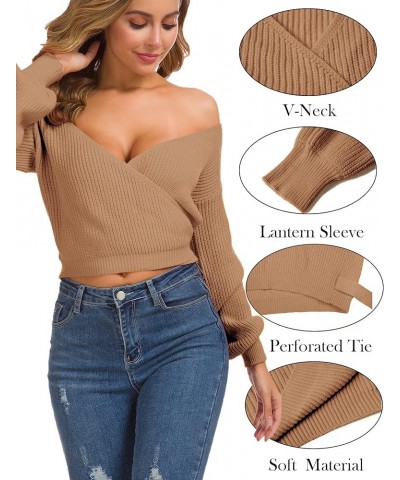 Women's Knitted Crop Deep V-Neck Long Sleeve Pullover Cross Wrap Front Loose Pullover Sweater Camel $17.22 Sweaters