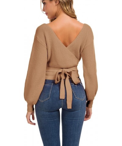 Women's Knitted Crop Deep V-Neck Long Sleeve Pullover Cross Wrap Front Loose Pullover Sweater Camel $17.22 Sweaters