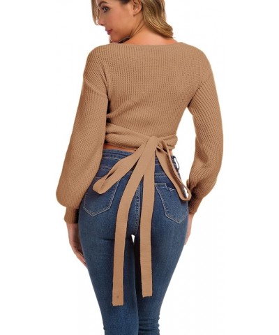 Women's Knitted Crop Deep V-Neck Long Sleeve Pullover Cross Wrap Front Loose Pullover Sweater Camel $17.22 Sweaters