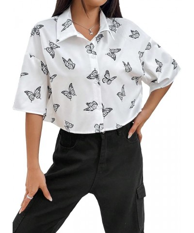 Women's Graphic Print Short Sleeve Button Front Shirt Blouse Crop Top White Butterfly $11.99 Blouses