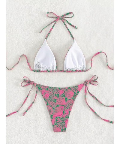 Women's High Waisted Bathing Suit Allover Floral Print Triangle Halter Swimsuit Bikini Set 2 Piece Dark Pink $13.34 Swimsuits