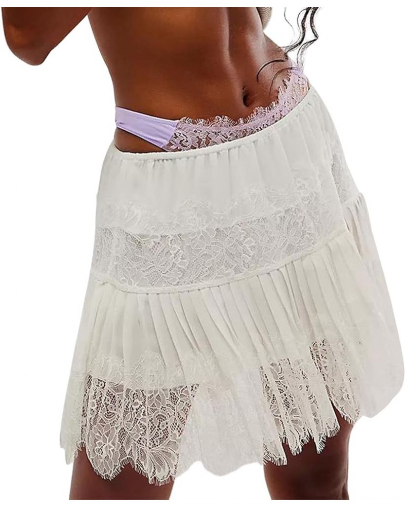 Y2k Women Ruffle Lace Skirt Mesh Flowy Fairy Pleated Mini Skirts A Line Low Rise Layered Floral Short Skirts D-white $10.19 S...